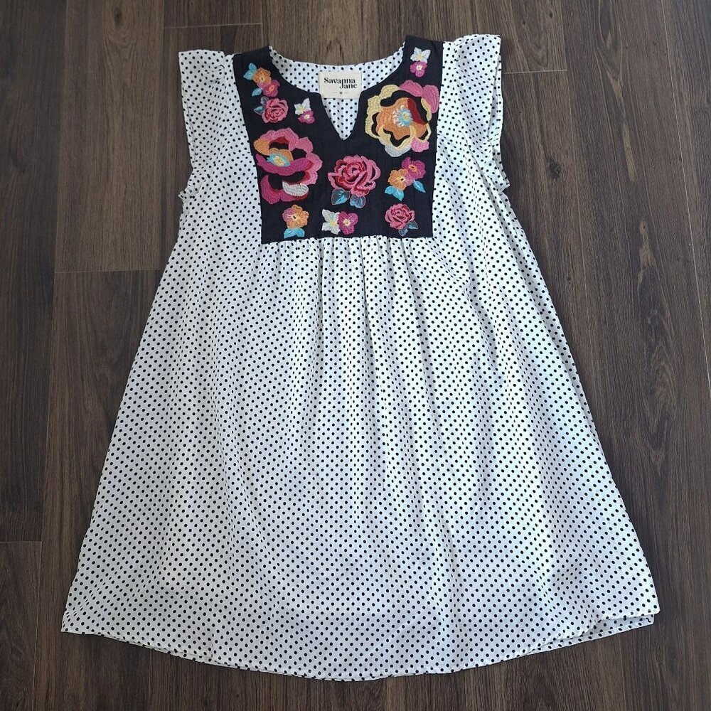 💙 Savanna Jane Polkadot Embroidered Cap Sleeve Dress Size M/L Boho Casual